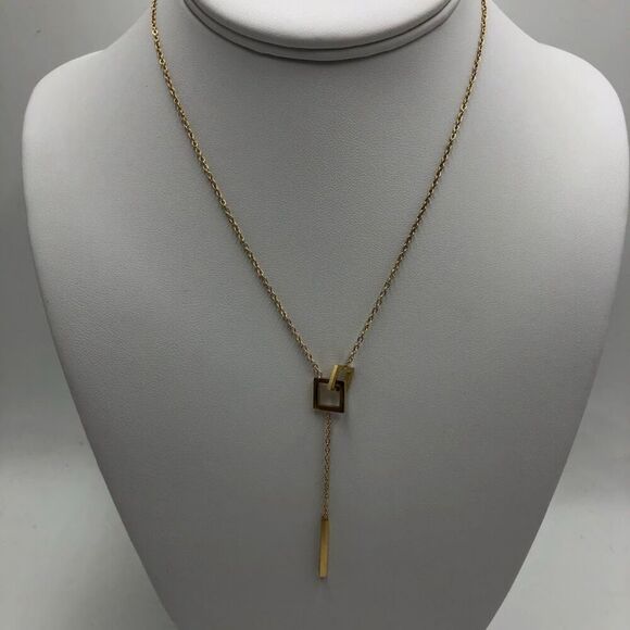 18K Gold Plated Women's Dual Interlocking Square Charm Dangle Necklace Harmony - Picture 4 of 12